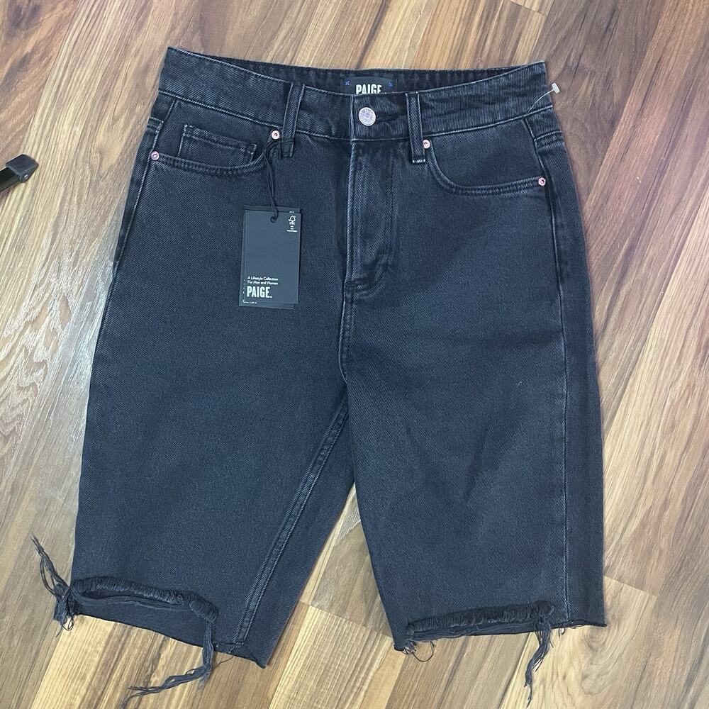 NWT Paige Robbie Short High Rise Slim Bermuda Short Raw Hem Black‎ Denim Size 25